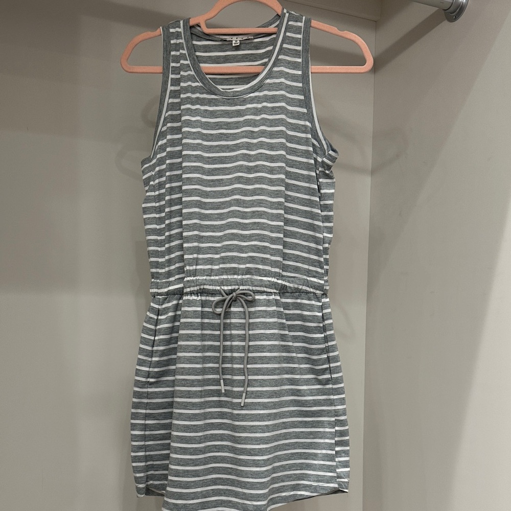 HYFVE Gray and White Striped Sleeveless Drawstring Dress